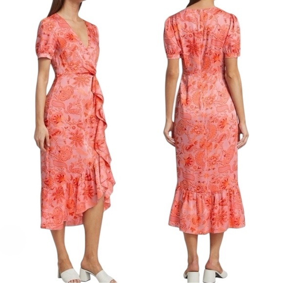 CINQ A SEPT Kay Faux Wrap Floral Print Short Flutter Sleeve MIDI Cocktail Dress - Picture 2 of 15